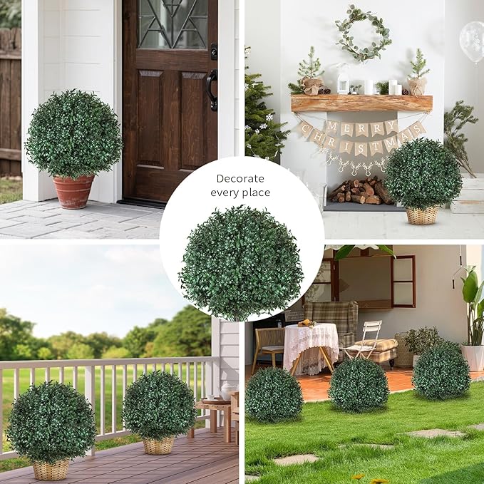 2 Pack Artificial Urn Filler, Artificial Boxwood Topiary Shrubs, UV-Resistant Evergreen Plants, Indoor/Outdoor Decoration, Suitable for porches, courtyards, Gardens, and Flower beds