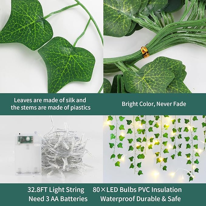 Fake Vines for Room Decor(24Pack168Ft),with CE Certified 160 LED String Lights,Artificial Plant Ivy for Aesthetic Home Bedroom Wall Wedding Party Office Patio Indoor, Outdoor Garden Décor