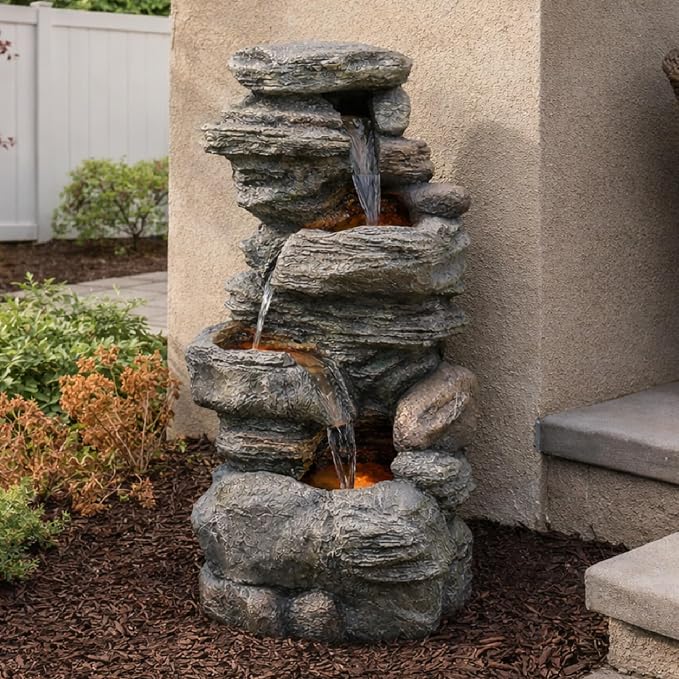 Teamson Home 39.37 in. Outdoor Faux Stacked Stone 4-Tier Water Fountain with LED Lights and Pump, Gray