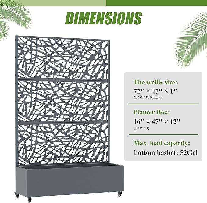 Casaphoria Metal Raised Garden Bed with Trellis and Wheels, 72"x47"x16" Planter Box for Climbing Plants, Vegetables & Vines, Features Drainage Holes and Privacy Screen, Drakgrey-Net