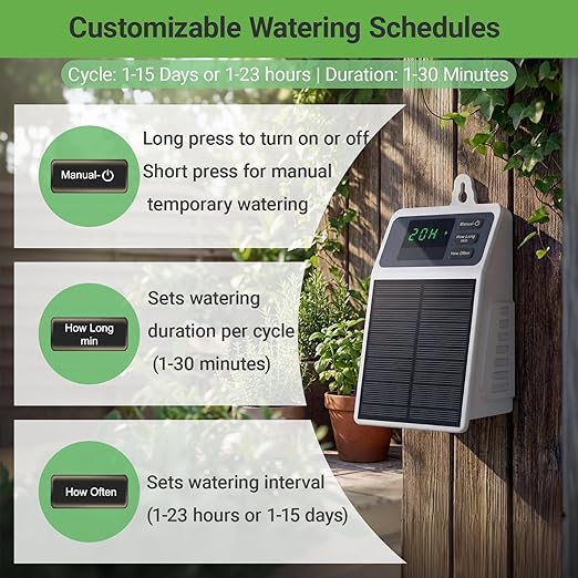 Automatic Solar drip Irrigation System (Solar/USB-C Dual Power), DIY Solar Watering System with Programmable Timer for 10 Potted Plants, IPX5 Auto Watering Kit for Indoor, Balcony, Garden & Vacation