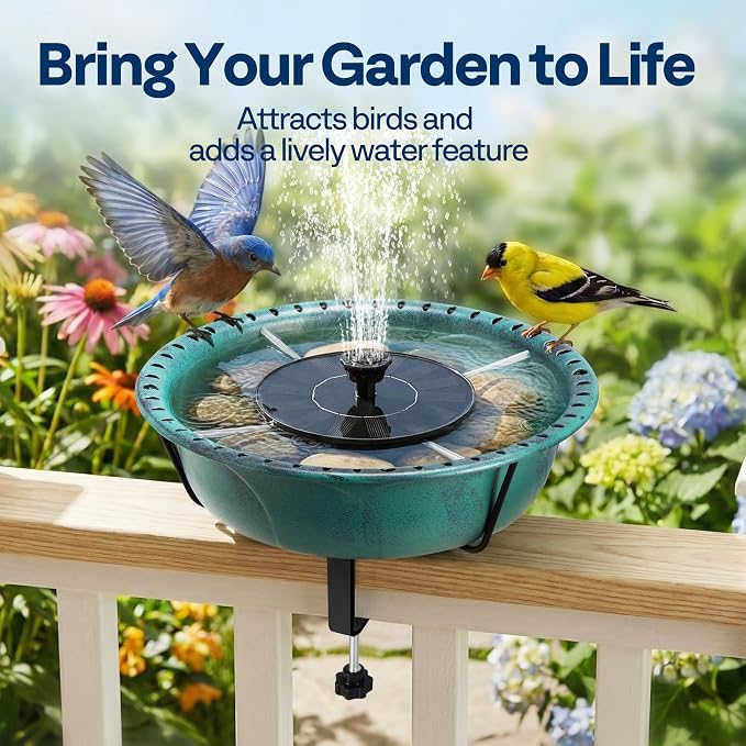 VIVOHOME Deck Mounted Bird Bath with Solar Fountain, Outdoor ABS Birdbath Bowl with Adjustable Metal Clamp, Solar Powered Pump for Railing, Fence, Balcony, 1.45 Gallons, Green