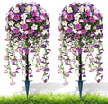 Artificial Morning Glory Topiary Trees Set of 2, Purple Fake Shrubs Bushes with Ground Spike, Faux Evergreen for Porch Plants, UV Resistant Artificial Flowers for Outdoors Indoor Front Garden