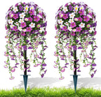 Artificial Morning Glory Topiary Trees Set of 2, Purple Fake Shrubs Bushes with Ground Spike, Faux Evergreen for Porch Plants, UV Resistant Artificial Flowers for Outdoors Indoor Front Garden