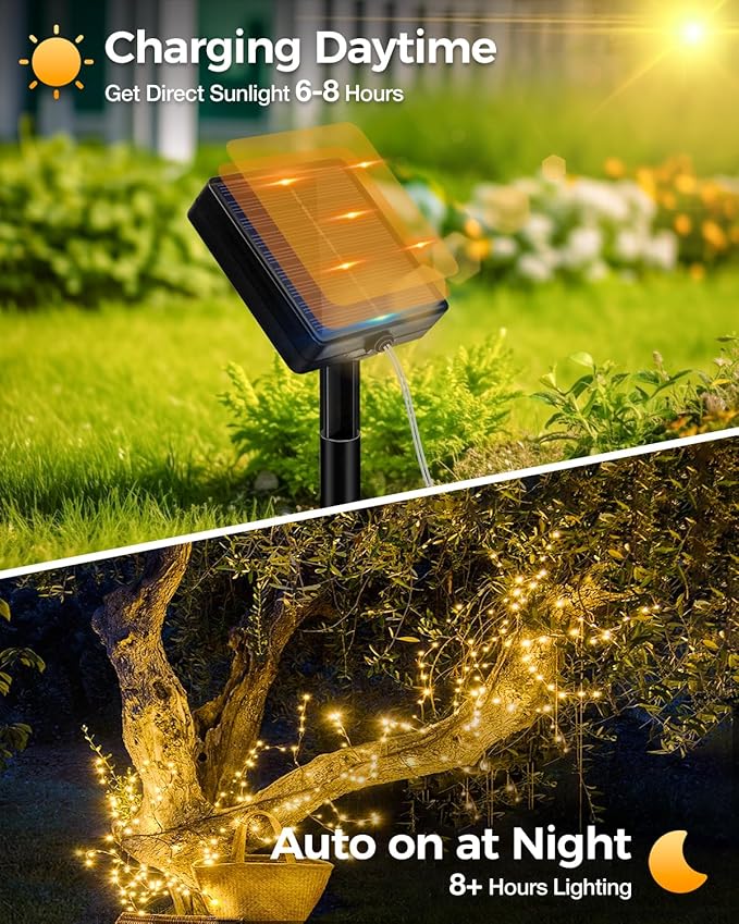 btfarm 2 Pack Solar String Lights Outdoor - Total 66FT 200LED Solar Fairy Lights Outside Waterproof 8 Modes, Copper Wire Solar Powered Twinkle Light for Garden Tree Christmas Wedding Party,Warm White