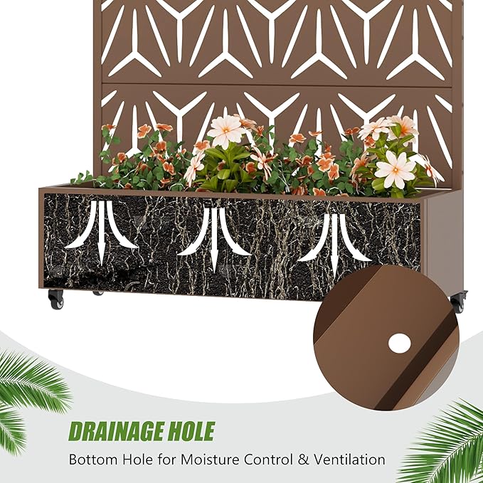 Casaphoria Metal Raised Garden Bed with Trellis and Wheels, 47"x47"x16" Planter Box for Climbing Plants, Vegetables & Vines, Features Drainage Holes and Privacy Screen, Brown-Star
