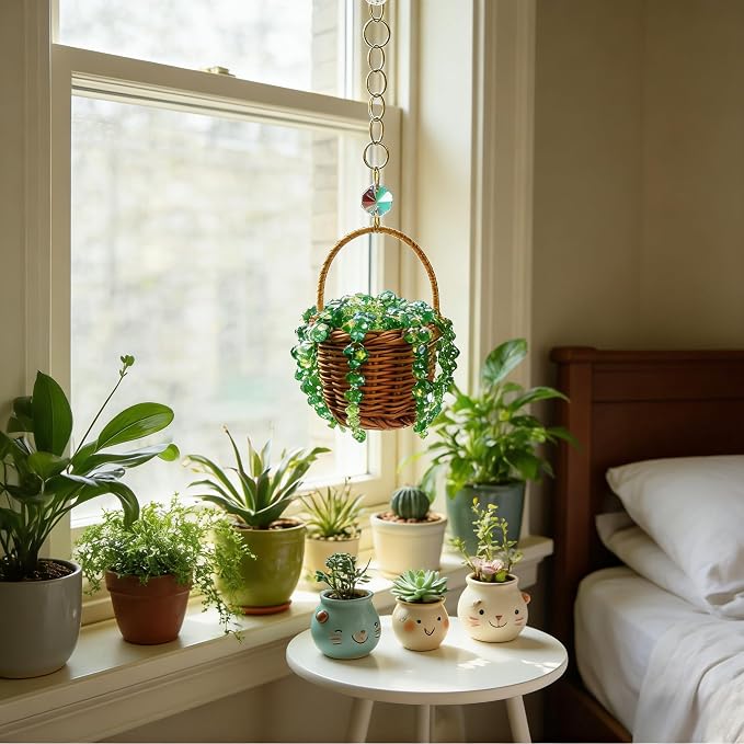 Bling Suncatcher String of Beads Plant Hanging Basket, Cute Handcrafted Crystal Succulent Sun Catchers for Window Hanging, Shiny Garden Crystal Sun Catcher Plant Lover Gift Mom Gifts (Green)