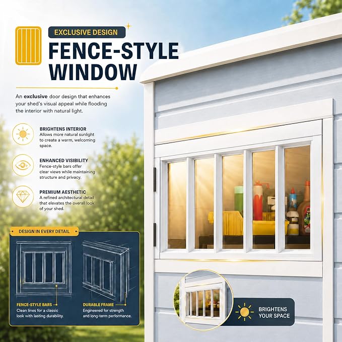 DWVO 5x3FT Outdoor Storage Shed with Fence-Style and Side Windows, Floor & Lockable Doors, Plastic Storage Shed for Backyard and Garden, Gray