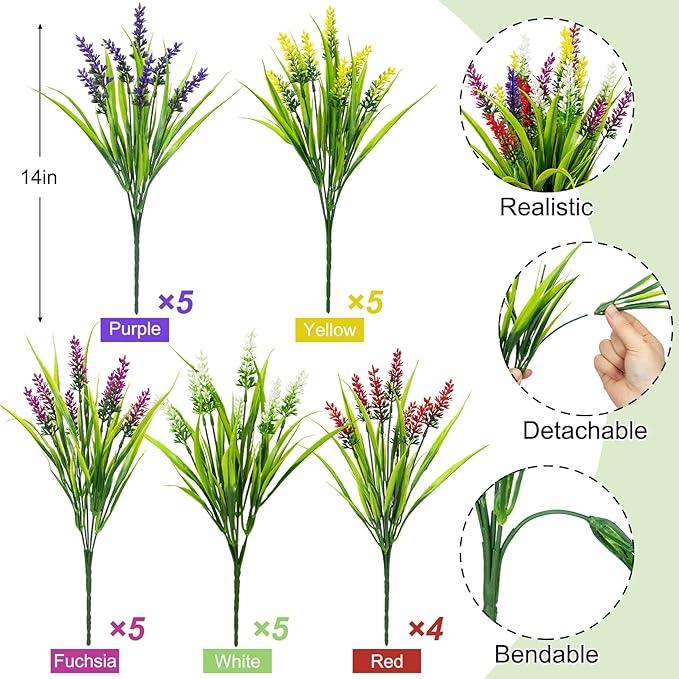 Bassion 24 Bundles Artificial Flowers for Outdoors, Fake Lavender Flowers with Monkey Grass UV Resistant Plastic Faux Plants for Outside Hanging Planter Window Box Garden Patio Front Porch Home Decor