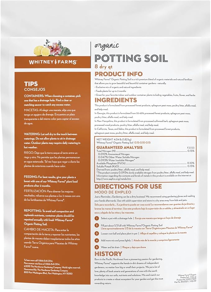 Whitney Farms Organic Potting Soil - Natural Indoor and Outdoor Container Mix, Organic Potting Soil for Vegetables, Herbs and Flowers, Feeds Plants up to 2 Months, 8 qt.