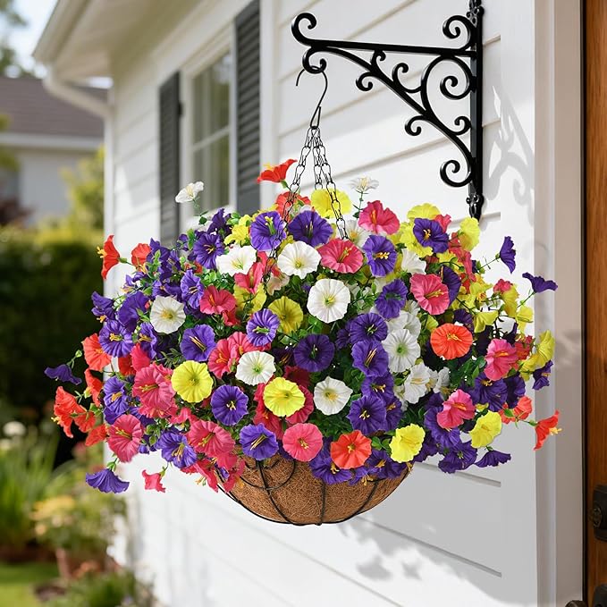 Homsunny Artificial Hanging Flowers Plants with Basket for Outdoors - Fake Petunias Flowers Fake Silk Morning Glory Planter for Outside Porch Patio Balcony Garden Spring Summer Decor(Color Blending)