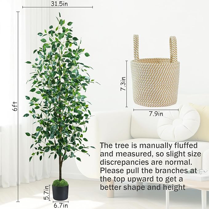 Fake Ficus Tree 6FT, Artificial Tree with Pot for Indoor Outdoor, Lifelike Faux Floor Plants with Moss Topper and Cotton Basket, Home Office Living Room Bedroom Doorway Hallway Decor