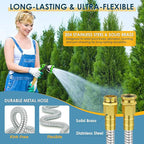 50 FT Stainless Steel Garden Hose with 10-Function Spray Nozzle, Kink-Free Flexible Metal Water Hose, Solid Brass 3/4'' Connectors, Heavy Duty, Durable, Leak-Proof, Lightweight, Tangle-Free