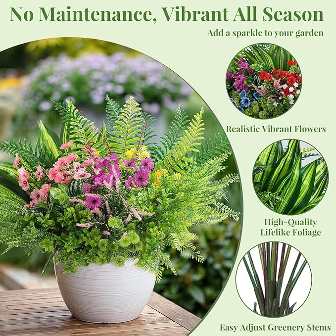 Alupssuc 24Pcs Artificial Flowers and Plants,UV Resistant & No Fade Fake Plastic Greenery Shrubs for Home Garden, Pathway, Front Porch-Spring Summer Decor, Indoor/Outdoor Use,Red Purple Pink Blue