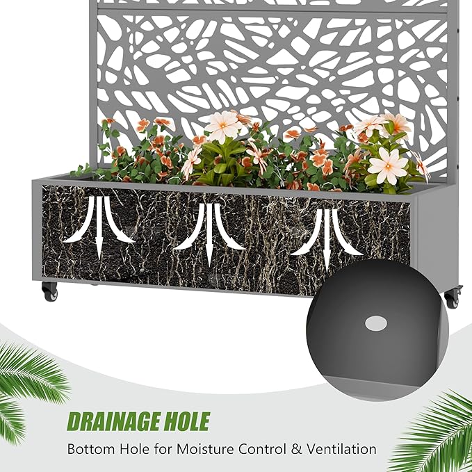 Casaphoria Metal Raised Garden Bed with Trellis and Wheels, 72"x47"x16" Planter Box for Climbing Plants, Vegetables & Vines, Features Drainage Holes and Privacy Screen, Grey-Net