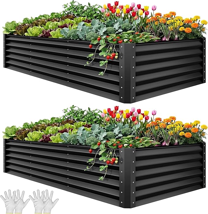 YITAHOME 8x4x1.5ft 2pcs Large Raised Garden Bed Kit, Galvanized Metal Planter Box with Gloves, Ground Nails & Safety Rubber, Outdoor Above Ground Planters for Plants Vegetables Flowers, Black