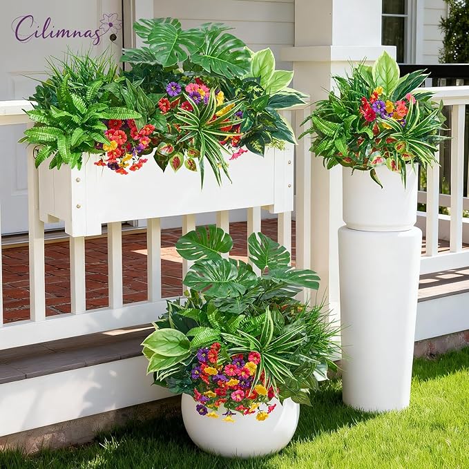 Artificial Plants Outdoor,18PCS UV Resistant Fake Greenery&Flowers with Stems Faux Plant Outside for Front Proch Garden Patio Planters Window Boxes Home Decor(Not Included Planter)