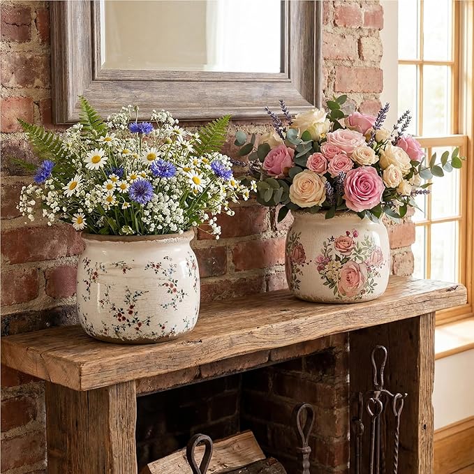 2 Pcs Vintage Planter Ceramic Plants Pot with Drainage Ice Crack Scroll Flower Vase Pot for Indoor Outdoor Plants Home Kitchen Decor Gifts(Farmhouse Rose,5.9")