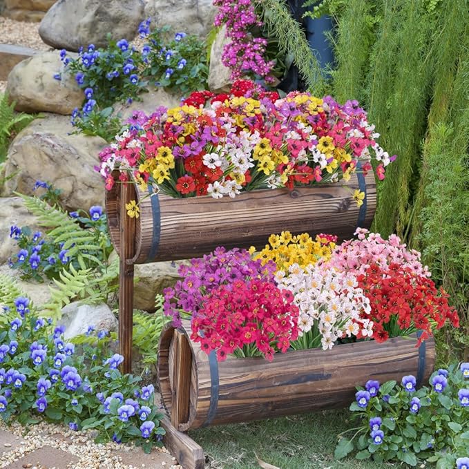 Bassion 24 Bundles Artificial Flowers for Outdoors Decoration, UV Resistant White Silk Fake Faux Flowers Artificial Plants for Outside Window Box Porch Garden Home Decor