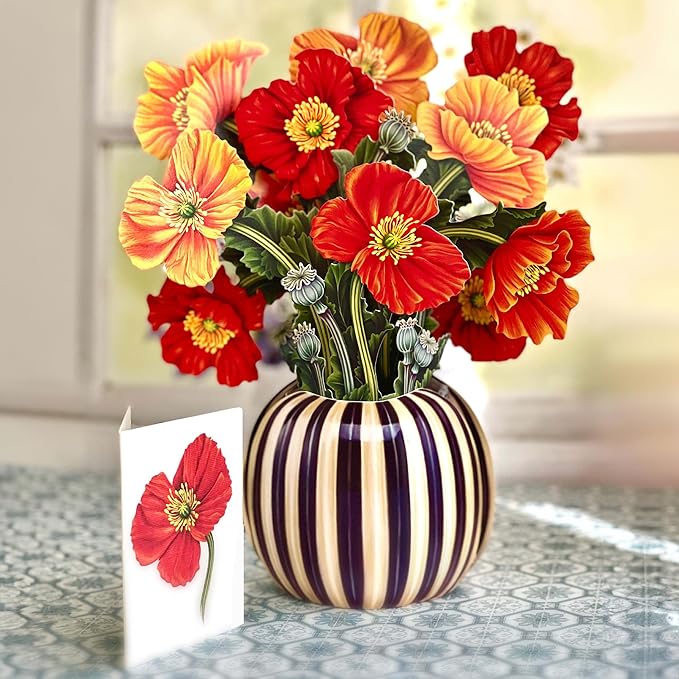 Freshcut Paper Pop Up Cards, French Poppies, 12 Inch Life Sized Forever Flower Bouquet 3D Popup Greeting Card, Birthday Cards, Thank You Card, Blank Notecard & Envelope