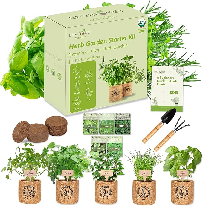 Herb Indoor Garden Kit- Unique Chrismas Herb Gardening Gift, Home Kitchen Gift for Mom, Friends, and Gardeners (Basil, Parsley, Chives, Cilantro, Mint)