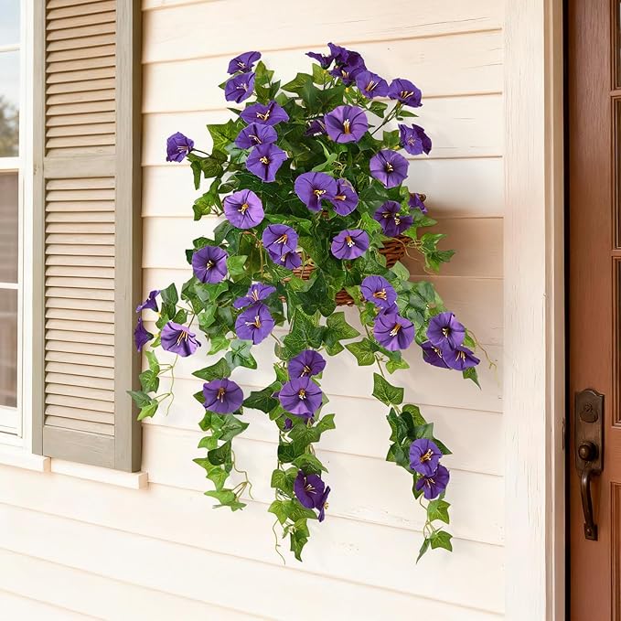 Homsunny Artificial Fake Flowers Plants for Outdoor Decoration, 2PCS Faux Petunias Silk Flower UV Resistant No Fade for Home Outside Garden Balcony Yard Porch Realistic Indoor Decor (Purple)
