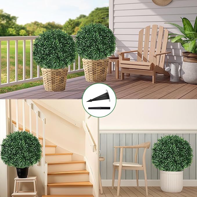 Grooy Artificial Boxwood Topiary Ball Tree with Ground Spike, Set of 2 Artificial Shrub Bushes, Fake Evergreen Tree for Porch, Artificial Plants for Outdoor Planters Indoor UV Resistant