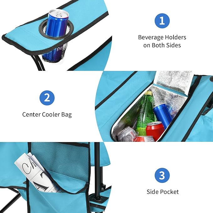 Goplus Double Camping Chair with Umbrella, Folding Loveseat Chairs w/Canopy Shade, Carrying Bag, Table, Cup Holder, Portable Beach Chairs Outdoor Picnic Patio (Turquoise)