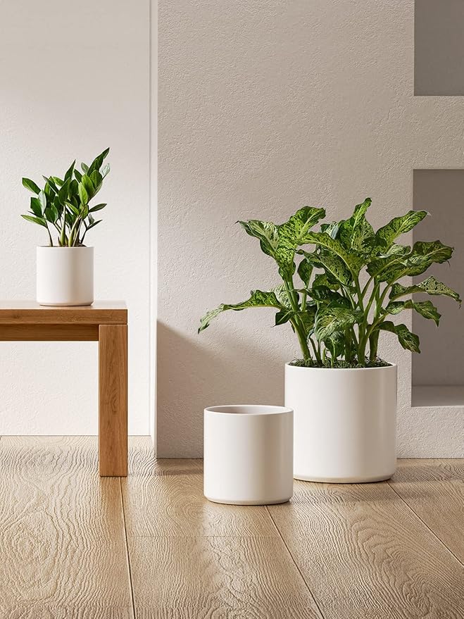 LE TAUCI Ceramic Pots for Plants, 10/8/6 Inch Indoor Planters with Draiange Hole, Silicone Plug & Mesh Pad, Modern Minimalist Pots for Home Office, Set of 3, Satin, White