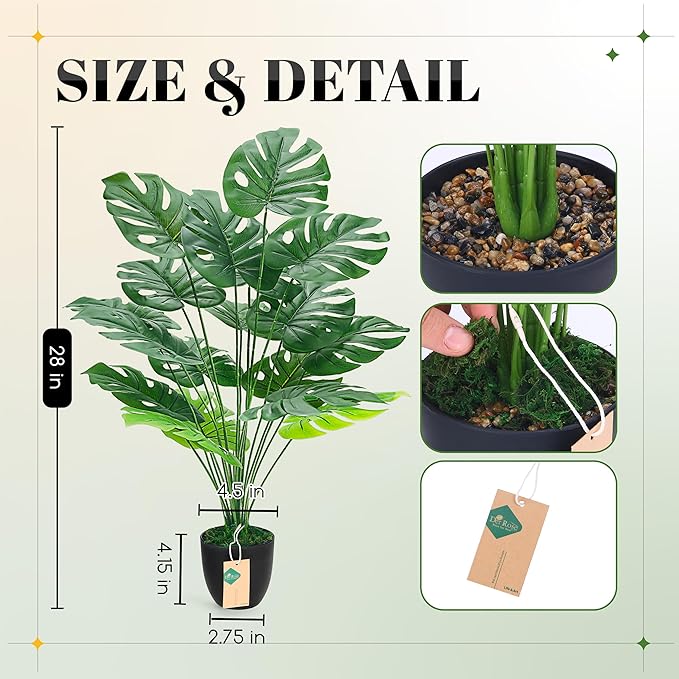 Der Rose Fake Plants 28'' Large Faux Plants Artificial Monstera Plants Indoor Tall in Black Pots for Home Office Bathroom Patio Floor Outdoor Decor