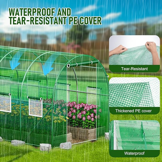 SPECILITE Walk-in Tunnel Greenhouse for Outdoors, 15×7×7 FT Heavy Duty Hoop House Kit with 8 Screen Windows, Thicken PE Cover & Galvanized Frame, Portable Large Green Houses for Outside, Winter, Green