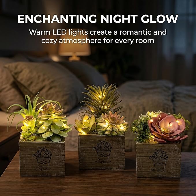 Mingfuxin Small Fake Plants, 3 Packs Mini Succulent Plants Artificial with Led Lights for Indoor Bathroom Bedroom Desk Office Decor