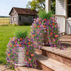 Artificial Hanging Flowers with Wheat Grass for Outdoors, 5 Pcs Fake Hanging Plants for Spring Decor, UV Resistant Faux Silk Flower Greenry for Planter Porch Patio Yard Garden(Mixd Purple Red)