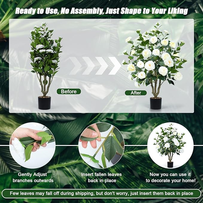 Artificial Camellia Tree 2 Pack 42" Faux Camellia Plant in Pot with 32 Blooming Flowers Fake Flower Tree Greenery Potted Plant for Indoor Outdoor Office Home Porch Decor White