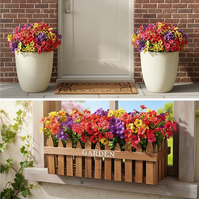 CEWOR 12 Bundles Artificial Flowers for Outdoor Indoor, Fake Silk Daisy with Eucalyptus Leaves, Faux Flower for Garden Front Door Porch Planter Patio Home Decor (Mix Red Purple Yellow Fuchsia)