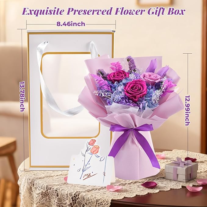 Preserved Flowers Bouquet, Flowers for Delivery,Handmade Purple Rose Bouquets Lasting 3-5 Years, Luxury Gift Box,Birthday Flowers Gifts for Women Mom Grandma Wife Friends