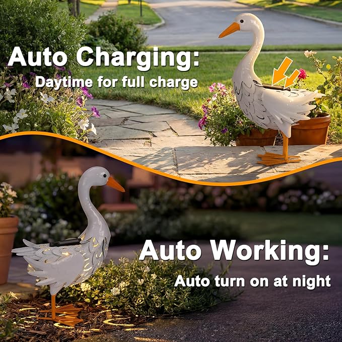 Lavezee Porch Goose Statue Lawn Goose Outdoor, Metal Garden Goose with Solar Light for Lawn Yard Backyard, Front Porch Goose for Garden Decoration