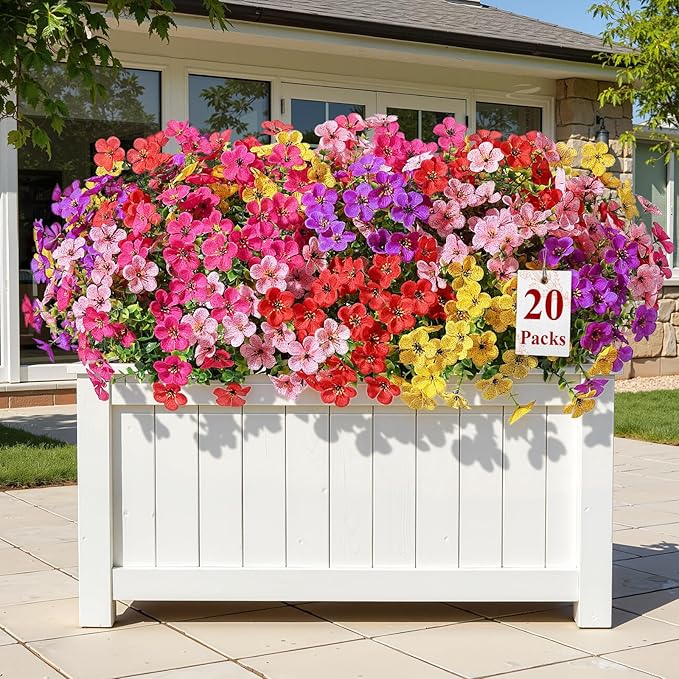 Alupssuc 20 Bundles Artificial Flowers for Outdoor Indoor Decoration, UV Resistant No Fade Fake Plants Eucalyptus, Colorful Faux Spring Flowers for Outside Yard Porch Patio Garden Home Window Box