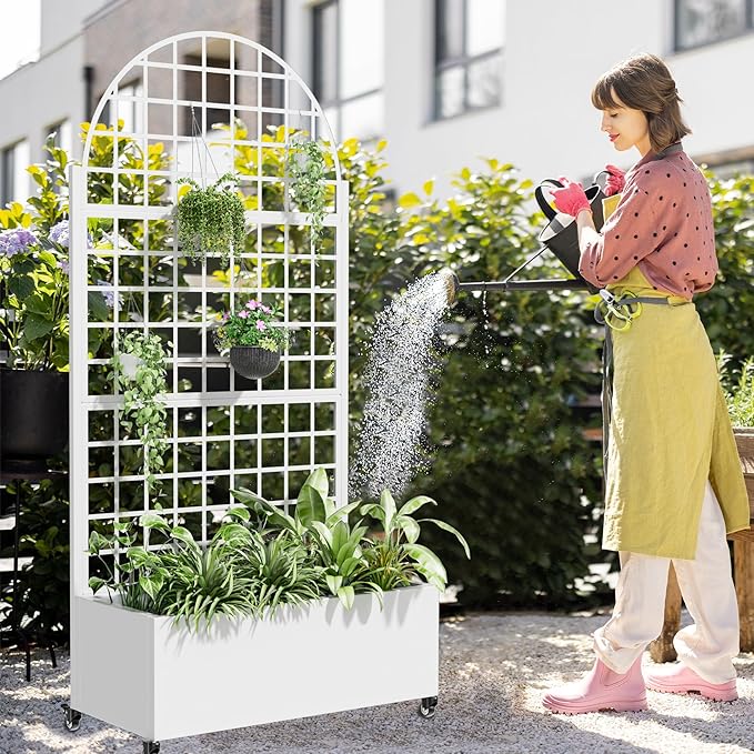 Casaphoria Metal Raised Garden Bed with Trellis and Wheels, 72"x35"x16" Arched Planter Box for Climbing Plants, Vegetables & Vines, Features Drainage Holes and Privacy Screen, White-Grid