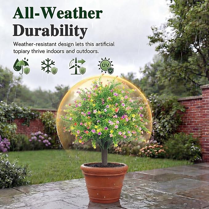 PATIO CHOICE Topiary Trees Artificial Outdoor Boxwood Ball Trees with Ground Spike Set of 2 22" Fake Outdoor Plants Faux Bushes and Shrubs Decorations for Outdoor Indoor Front Porch Garden