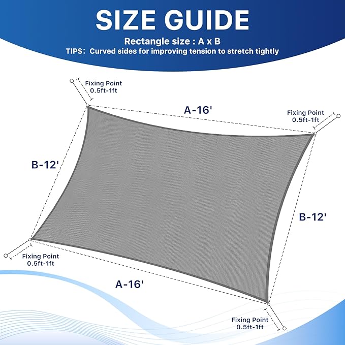 RoomHacks 12'x16' Sun Shade Sail, UV Protection Outdoor Shade, Curved Tear Resistant Heavy Duty Sun Shade for Patio Garden, Backyard, Deck, Car Port, Playground, (Grey)