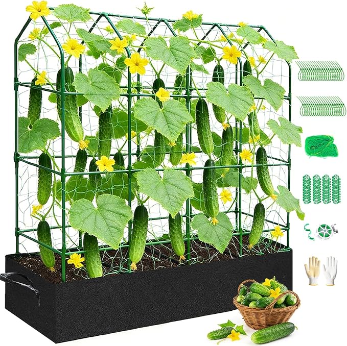 Large Cucumber Trellis for Climbing Plants Outdoor with Grow Bag,67" Tall Metal U-Frame Plant Trellis for Cucumber with Garden Netting and Plant Clip Plant Ties for Vegetables Tomatoes Squash Pea