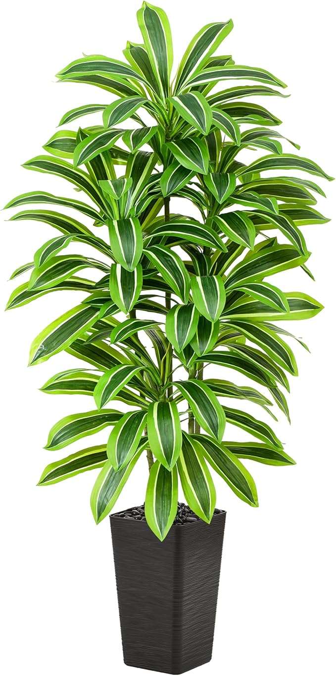 Artificial Dracaena Tree：5FT Faux Silk Tropical Yucca Floor Trees Realistic Fake Green Plant with Natural Wood Trunk & Lifelike Leaves for Home Office Decor Indoor & Outdoor (5FT,1-Pack,Black)