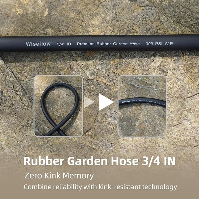 WiseFlow Garden Hose 100FT x 3/4", Heavy Duty Rubber Hose, Water Hose with Five Layered Braiding, Male Female Fittings, 1000PSI Burst, 300PSI Working (Black)