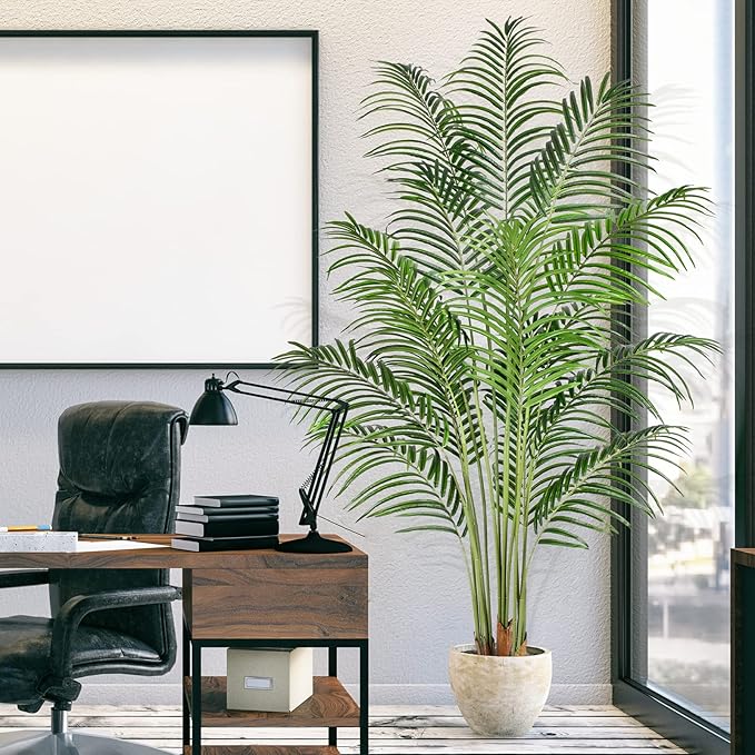Artificial Palm Tree 6ft Tall Fake Palm Tree Indoor Decor with 18 Leaves and Real Bark Design Faux Tropical Areca Palm Silk Floor Plant in Pot for Home Office Living Room Bedroom Decor 1pcs