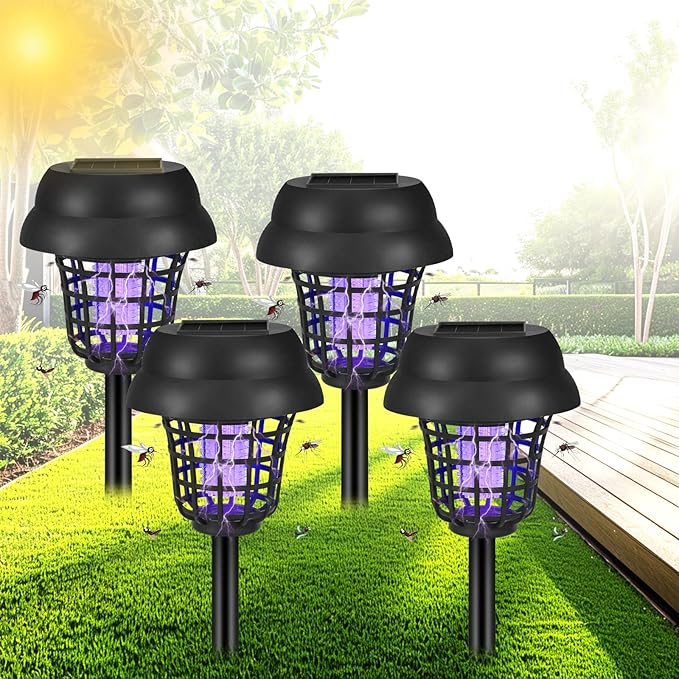 4 Pack Upgraded Solar Bug Zapper Outdoor Waterproof Mosquito Repellent Outdoor Patio Mosquito Trap & Killer for Moths, Gnats, Flies, Small Flying Insect, Fly Zapper Solar Powered for Garden,Backyard