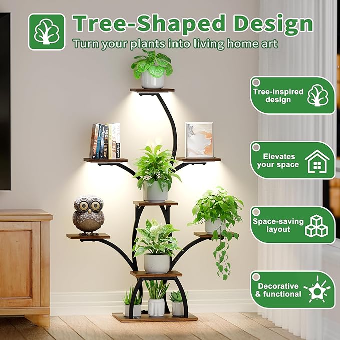 CODACE Plant Stand Indoor with Grow Lights, 6 Tiered Plant Shelf Indoor, 50" Corner Plant Stands for Indoor Plants, Lighted Tree-Shaped Plant Holder, Tall Flower Display Rack for Living Room