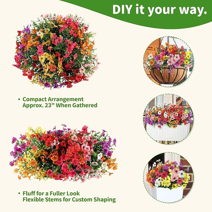 Artificial Outdoor Flowers, Realistic UV Resistant Waterproof Faux Plants, Full Looking Fake Flowers for Porch Planters Hanging Baskets Garden Patio Yard Outdoor Decor, 20 Bundles 7 Colors