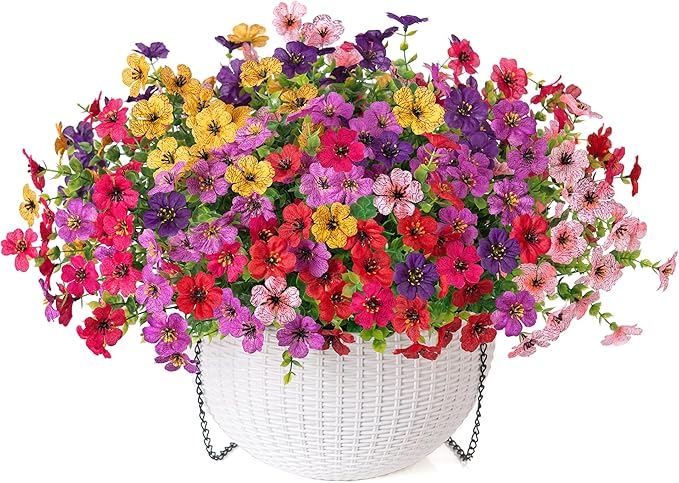 HyeFlora Artificial Faux Hanging Flowers Plants Basket for Outdoor Outside Decoration, Fake Silk Colorful Daisy in Planter for Porch Patio Garden Yard Home