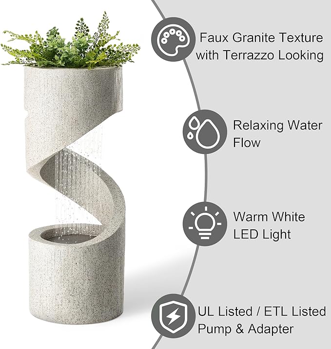 Glitzhome Outdoor Water Fountain with LED Light, Decorative Tiered Curved Waterfall Fountain with Stone Planter, Faux Terrazzo Spiral Shaped Outdoor Fountains for Garden Deck Patio Porch, 31.25”H